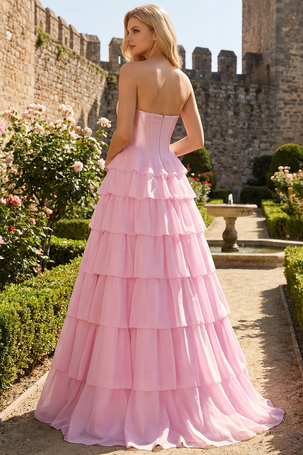 Sparkly Pink Tiered Sequin Ruffled Long Corset Prom Dress with Bow