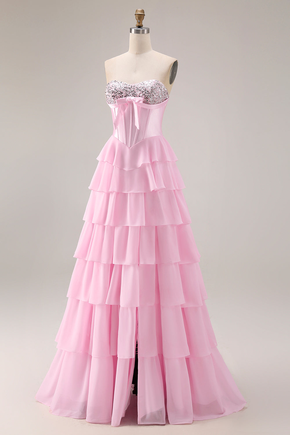 Sparkly Blue Sequin Tiered Ruffled Corset Long Prom Dress with Bow