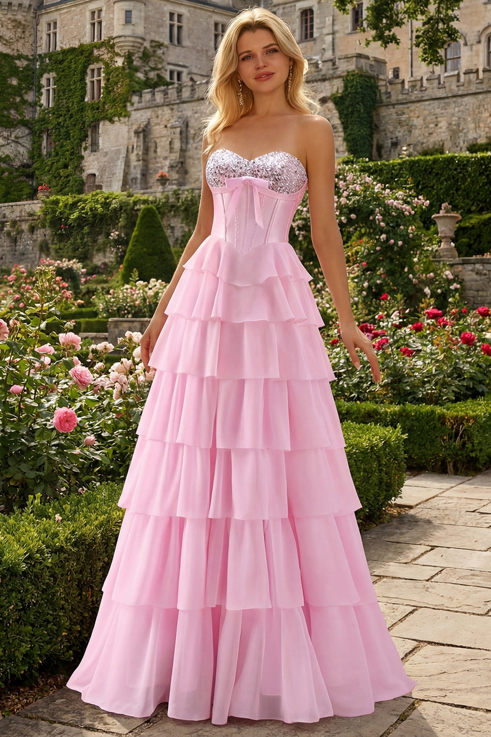 Sparkly Blue Sequin Tiered Ruffled Corset Long Prom Dress with Bow