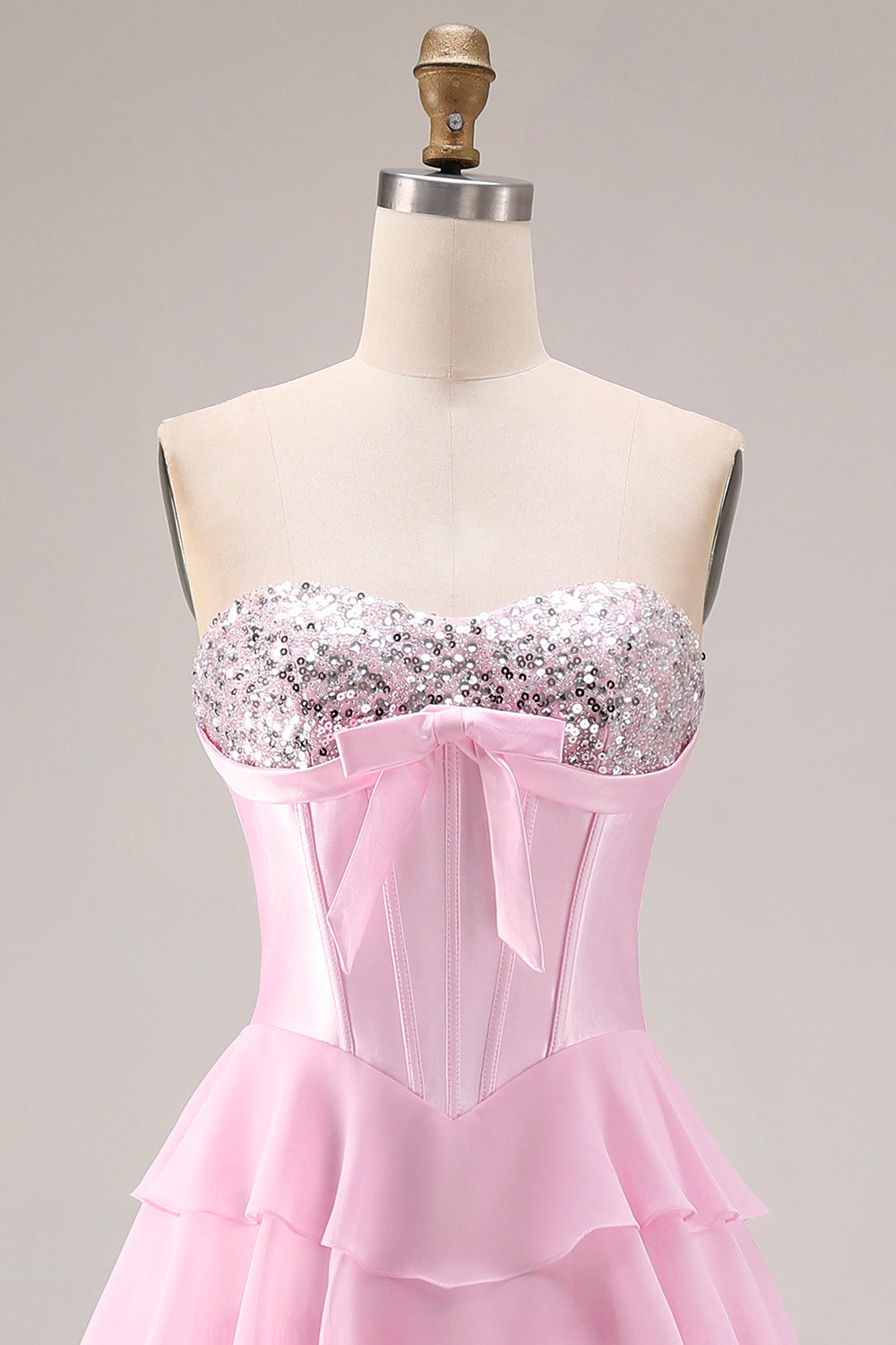 Sparkly Blue Sequin Tiered Ruffled Corset Long Prom Dress with Bow