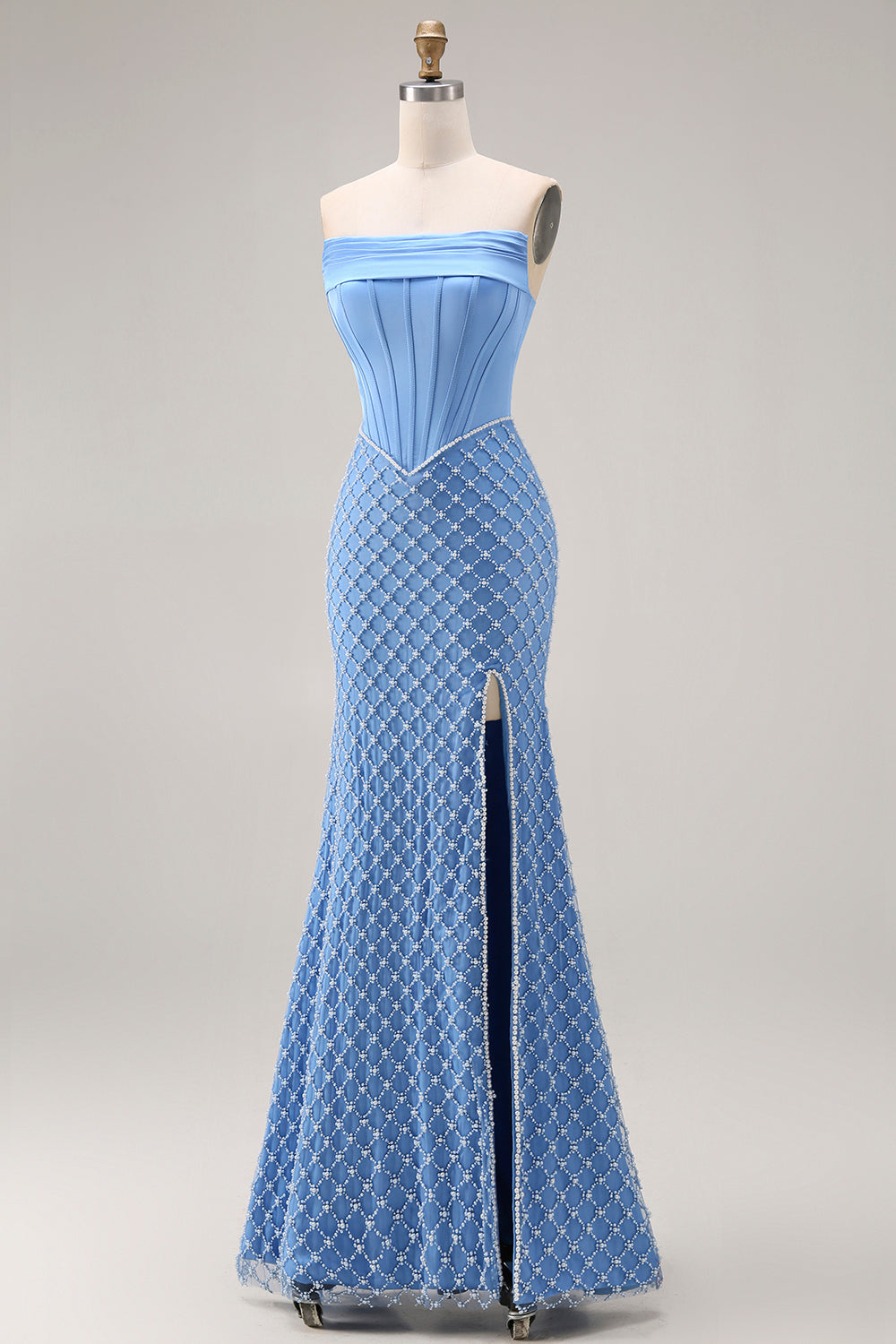 Blue Mermaid Strapless Long Corset Prom Dress with Slit