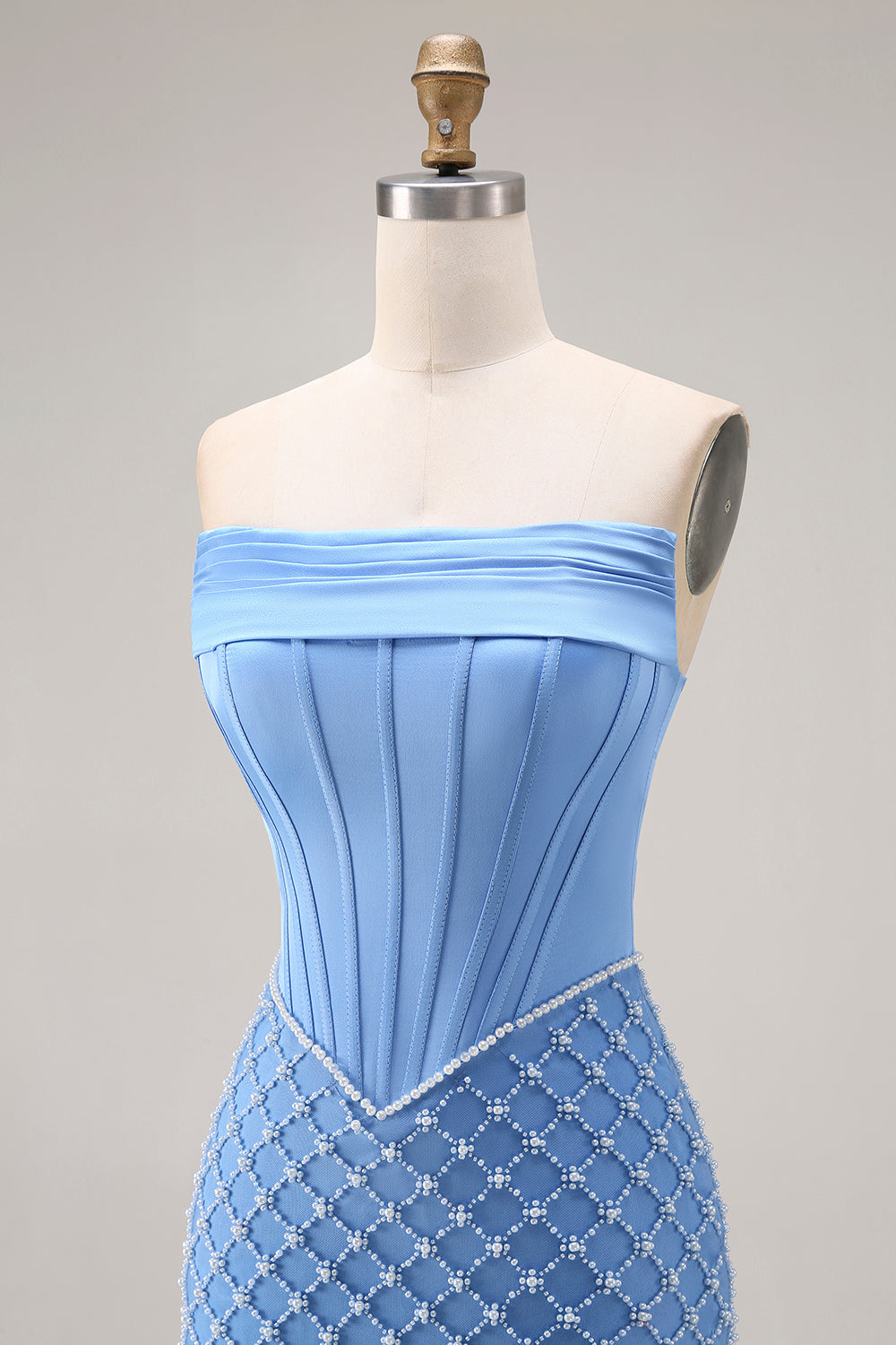 Blue Mermaid Strapless Long Corset Prom Dress with Slit