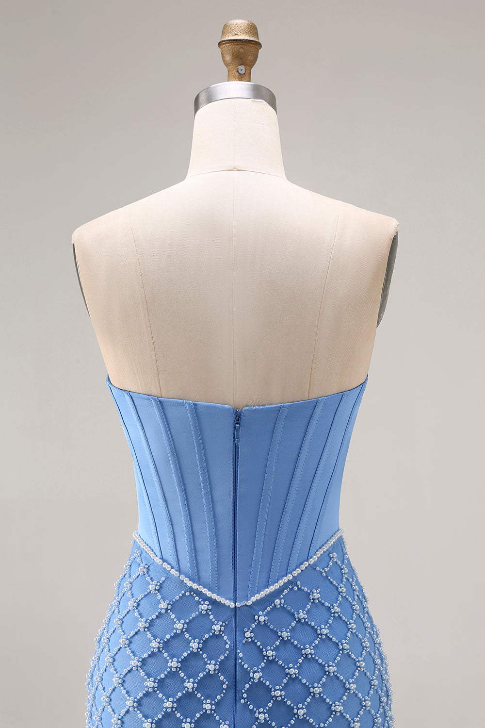 Blue Mermaid Strapless Long Corset Prom Dress with Slit