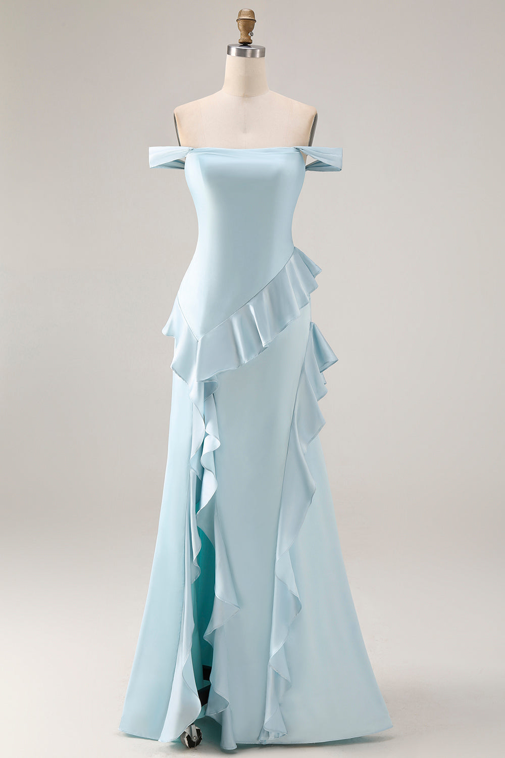 Light Blue Off the Shoulder Mermaid Long Prom Dress with Ruffles