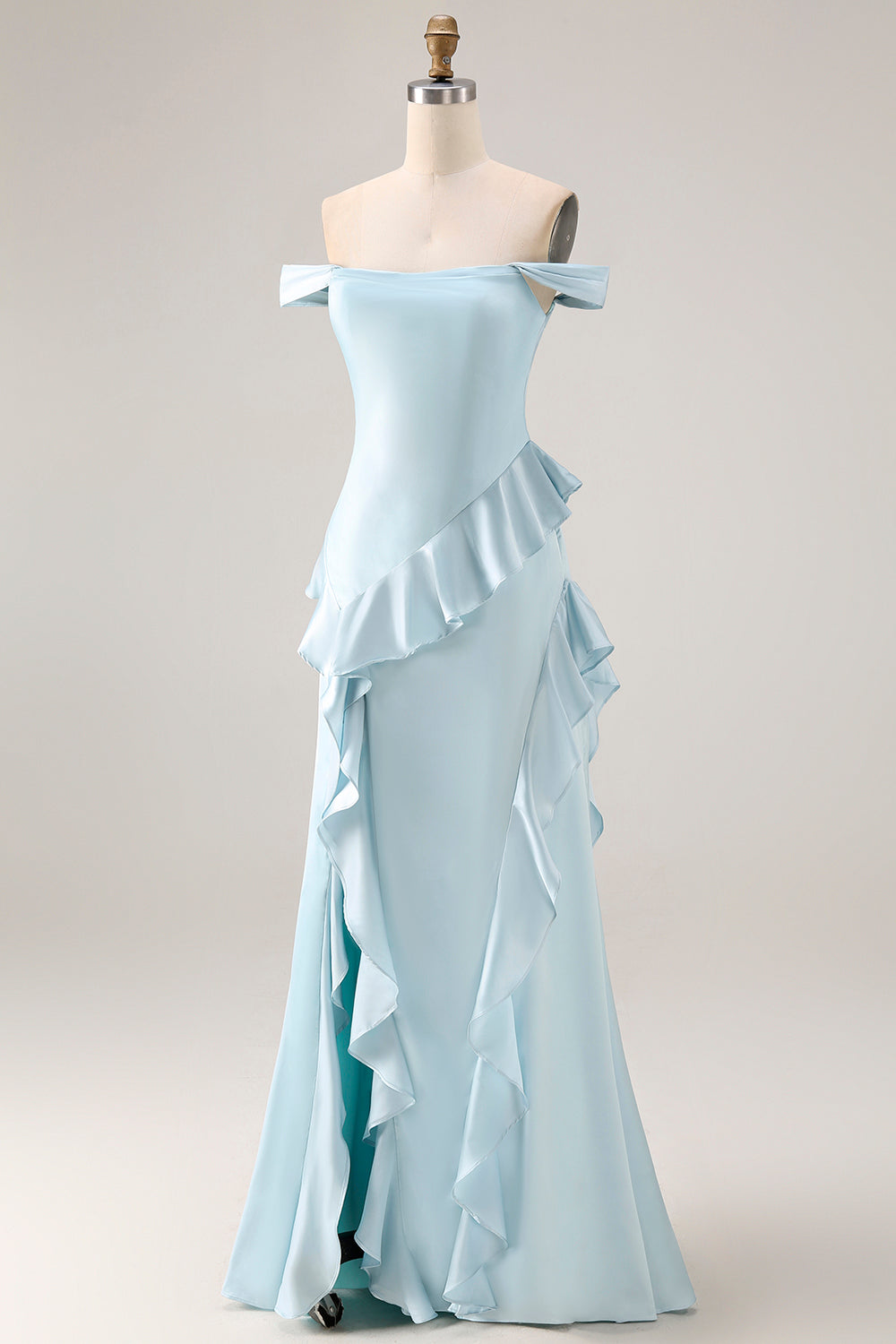 Light Blue Off the Shoulder Mermaid Long Prom Dress with Ruffles