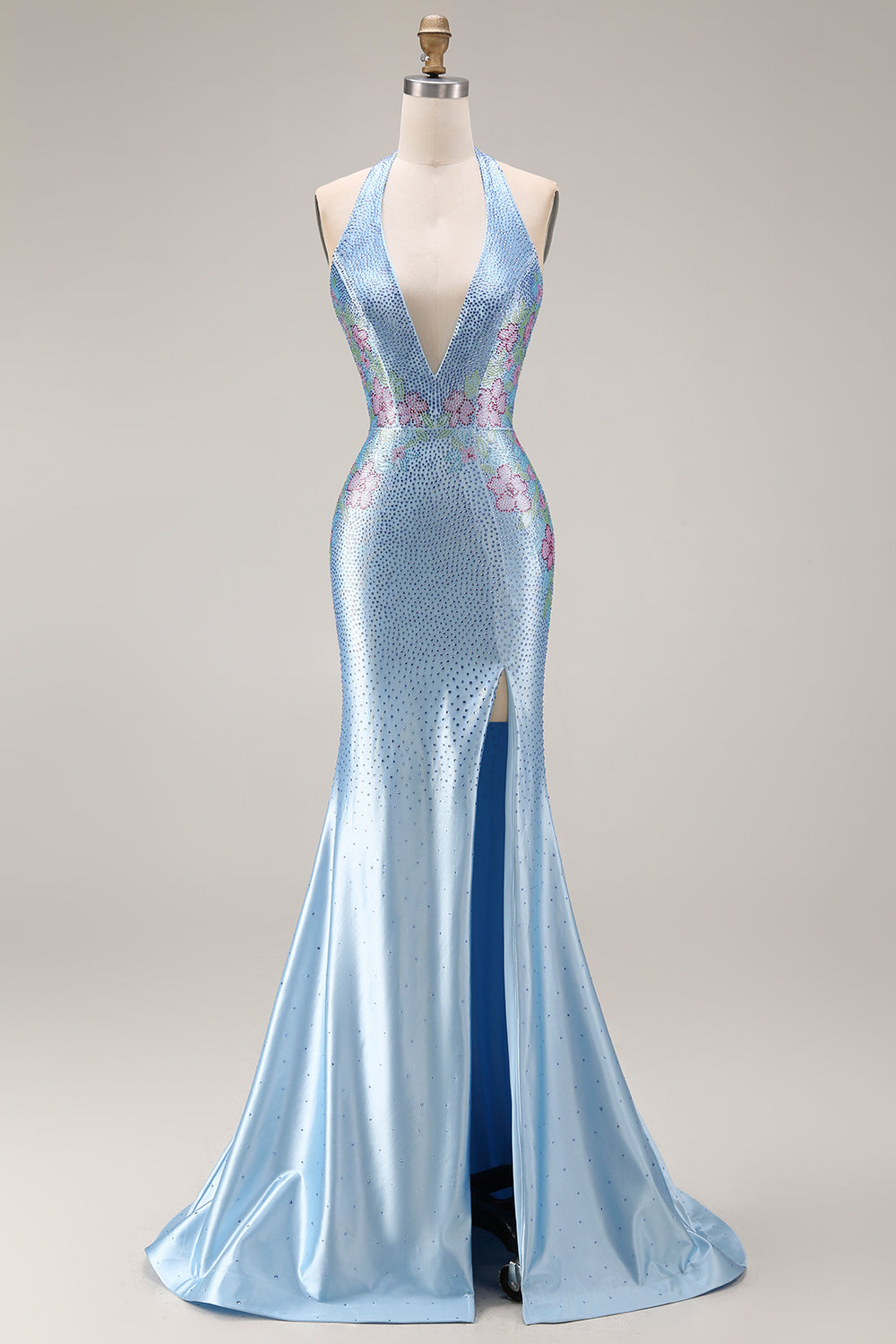 Sparkly Light Blue Halter Neck Mermaid Beaded Floral Corset Long Prom Dress with Slit