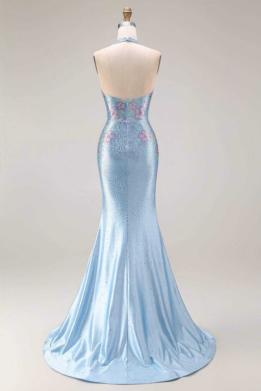 Sparkly Light Blue Halter Neck Mermaid Beaded Floral Corset Long Prom Dress with Slit