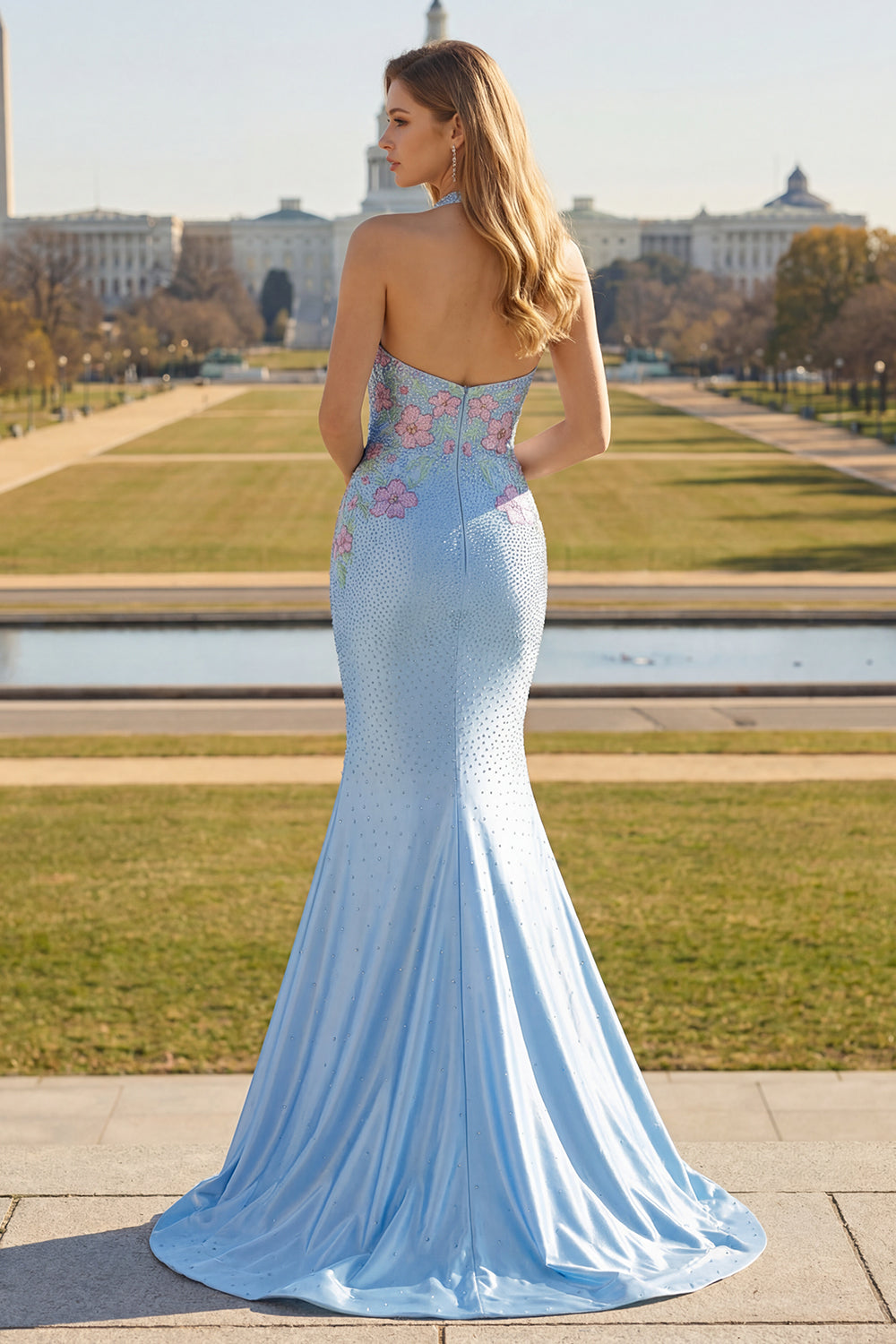 Sparkly Light Blue Halter Neck Mermaid Beaded Floral Corset Long Prom Dress with Slit