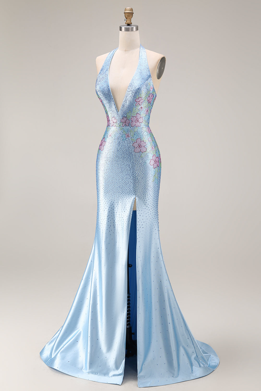 Sparkly Light Blue Halter Neck Mermaid Beaded Floral Corset Long Prom Dress with Slit