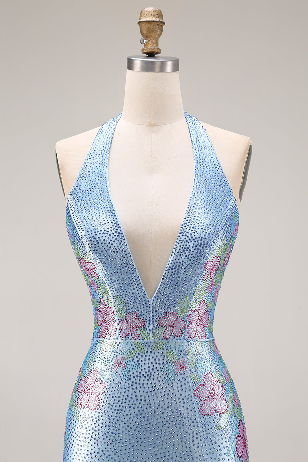 Sparkly Light Blue Halter Neck Mermaid Beaded Floral Corset Long Prom Dress with Slit