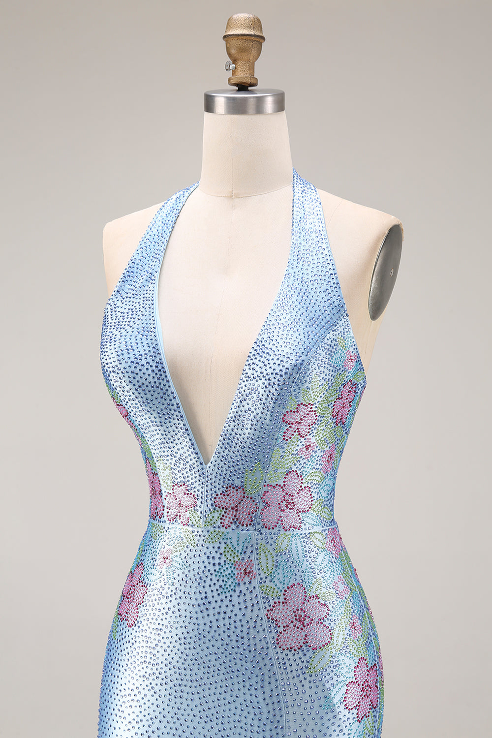 Sparkly Light Blue Halter Neck Mermaid Beaded Floral Corset Long Prom Dress with Slit