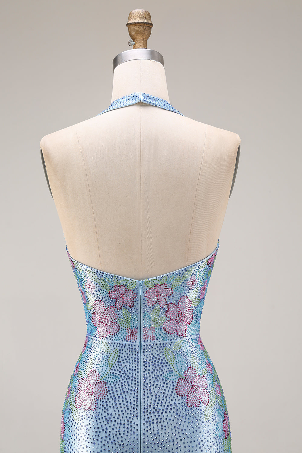Sparkly Light Blue Halter Neck Mermaid Beaded Floral Corset Long Prom Dress with Slit