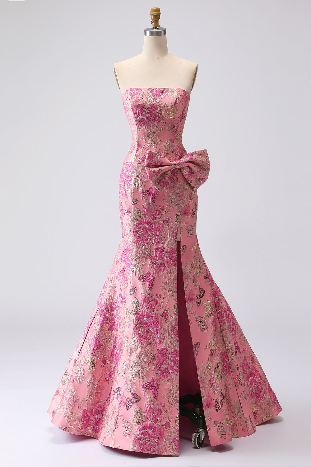 Strapless Corset Long Mermaid Jacquard Fuchsia Prom Dress with Slit