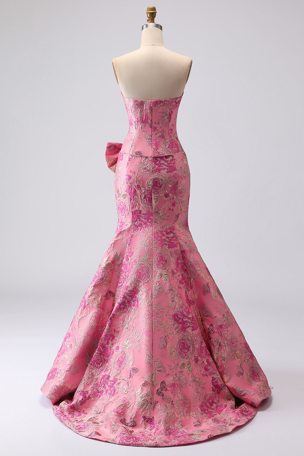Strapless Corset Long Mermaid Jacquard Fuchsia Prom Dress with Slit