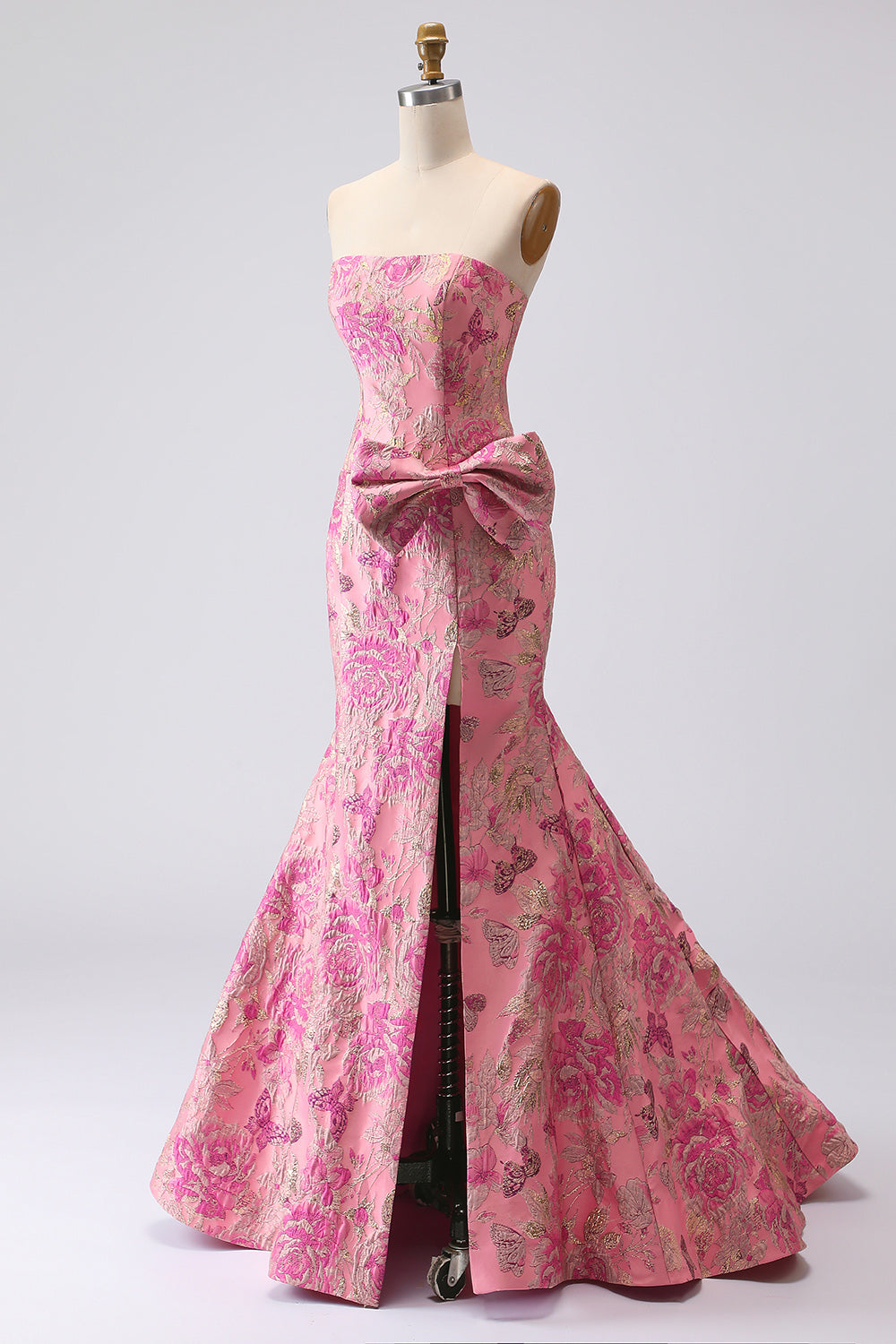 Strapless Corset Long Mermaid Jacquard Fuchsia Prom Dress with Slit