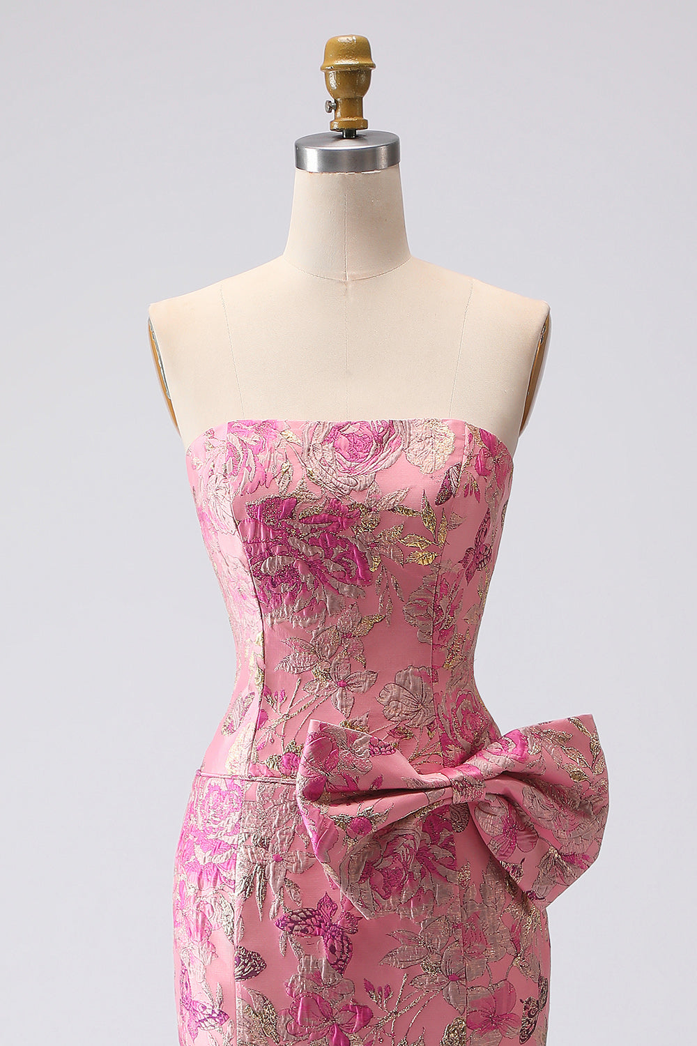 Strapless Corset Long Mermaid Jacquard Fuchsia Prom Dress with Slit