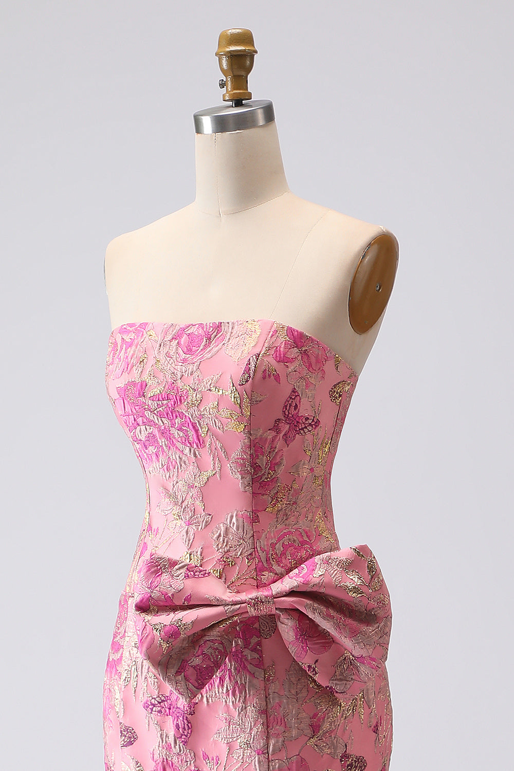 Strapless Corset Long Mermaid Jacquard Fuchsia Prom Dress with Slit