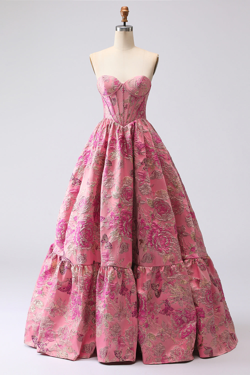 Fuchsia Sweetheart Corset Jacquard Long Ball Gown Floral Prom Dress