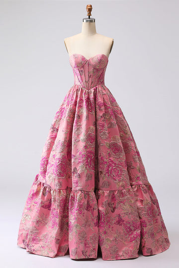 Fuchsia Sweetheart Corset Jacquard Long Ball Gown Floral Prom Dress