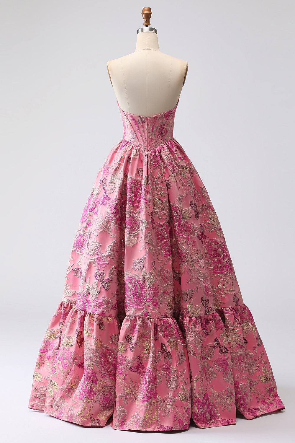 Fuchsia Sweetheart Corset Jacquard Long Ball Gown Floral Prom Dress