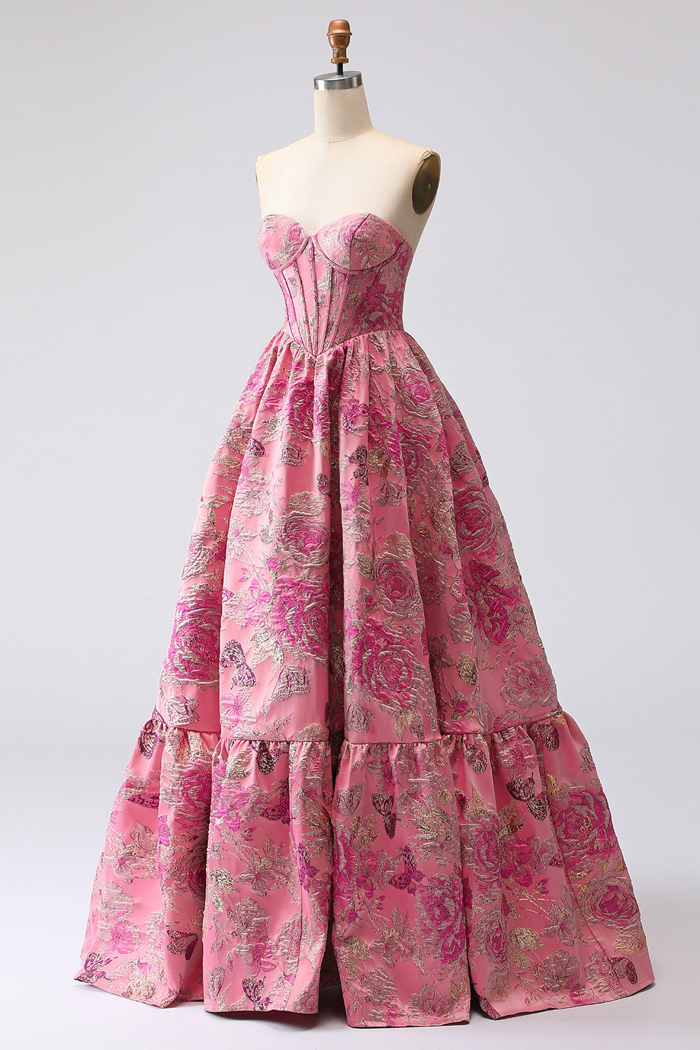 Fuchsia Sweetheart Corset Jacquard Long Ball Gown Floral Prom Dress