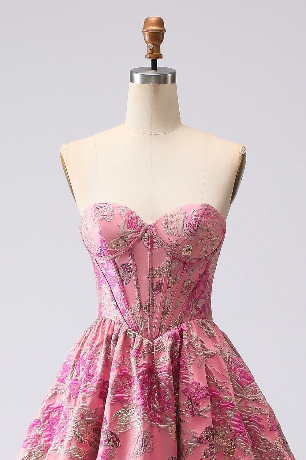 Fuchsia Sweetheart Corset Jacquard Long Ball Gown Floral Prom Dress
