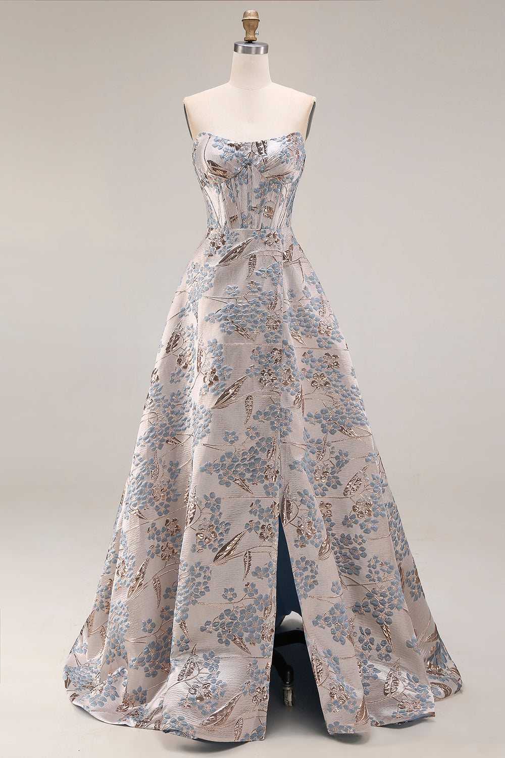 Silver Corset Floral A Line Strapless Jacquard Long Prom Dress with Slit