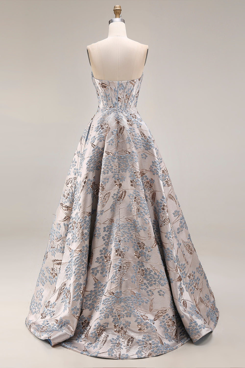 Silver Corset Floral A Line Strapless Jacquard Long Prom Dress with Slit