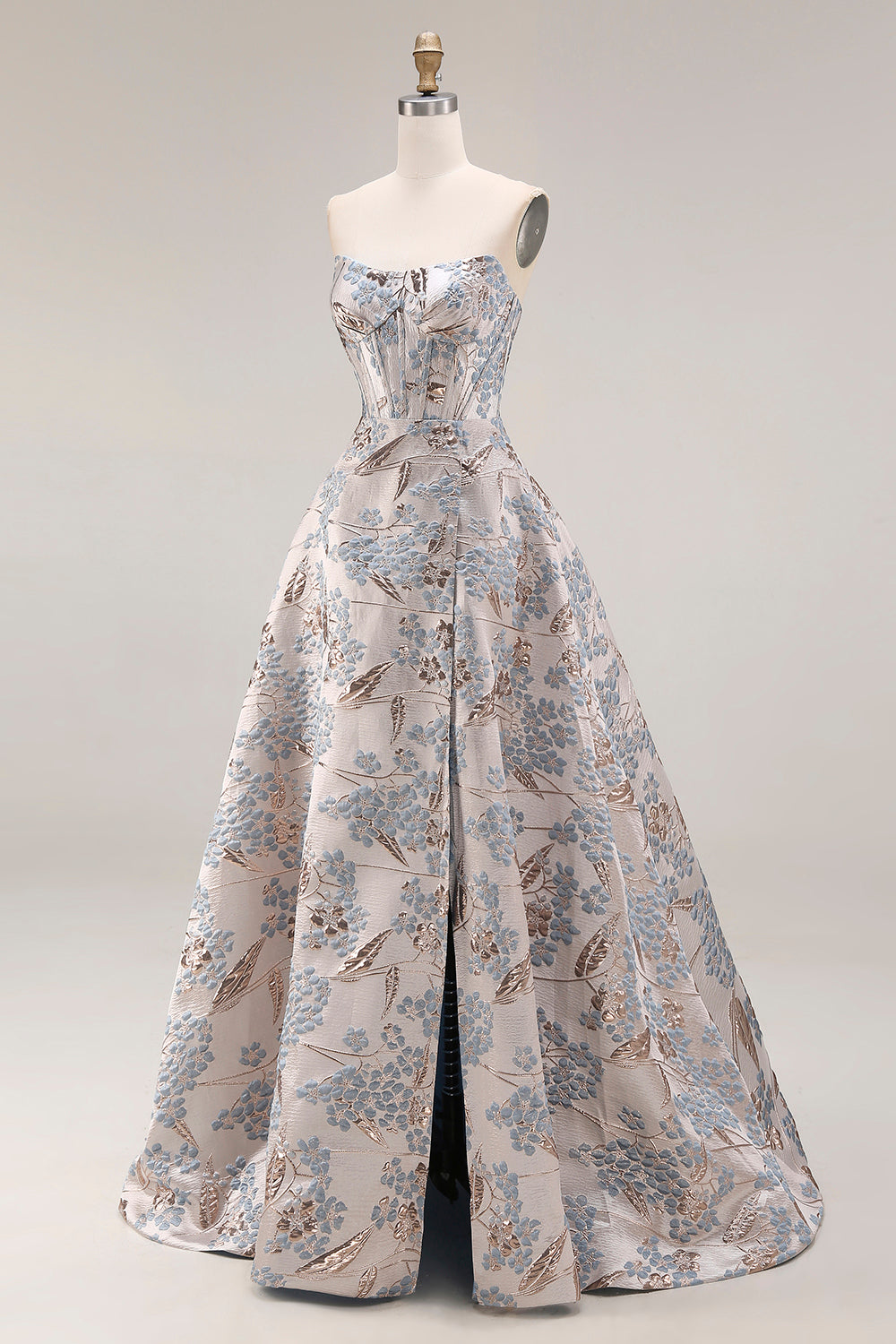 Silver Corset Floral A Line Strapless Jacquard Long Prom Dress with Slit