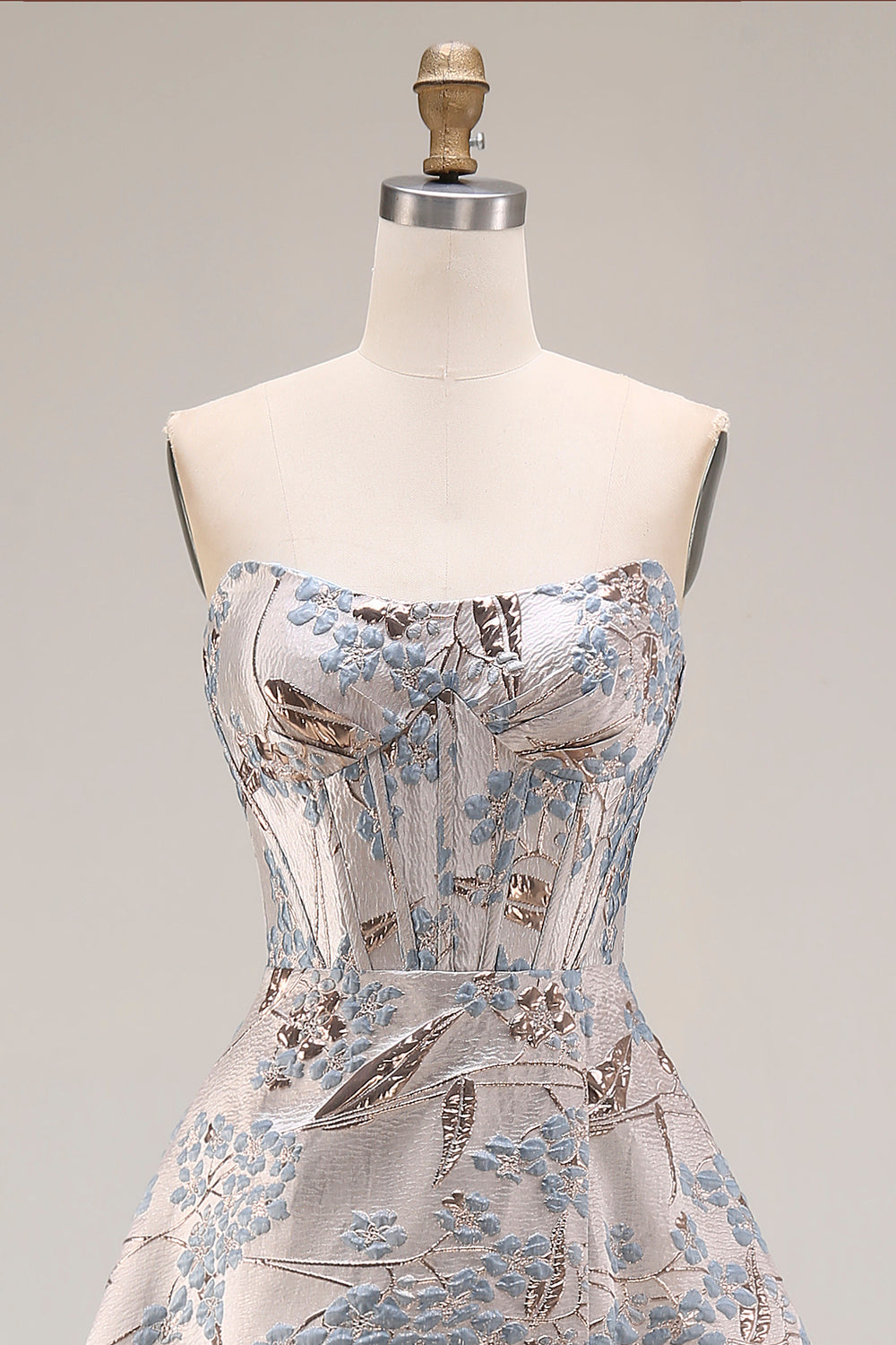 Silver Corset Floral A Line Strapless Jacquard Long Prom Dress with Slit
