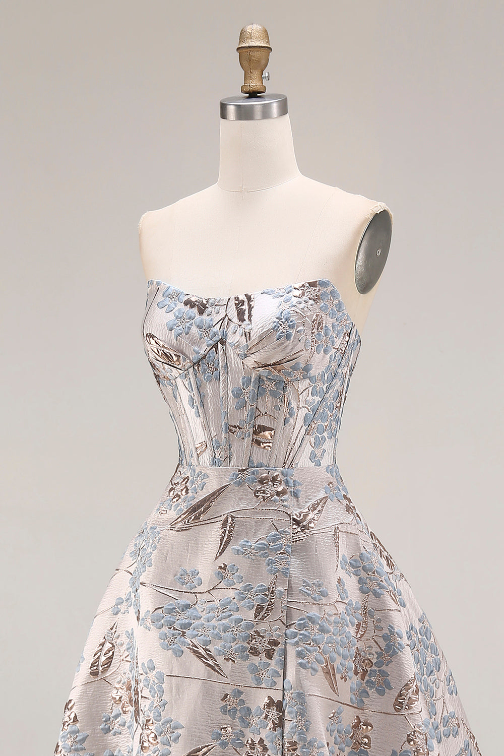 Silver Corset Floral A Line Strapless Jacquard Long Prom Dress with Slit