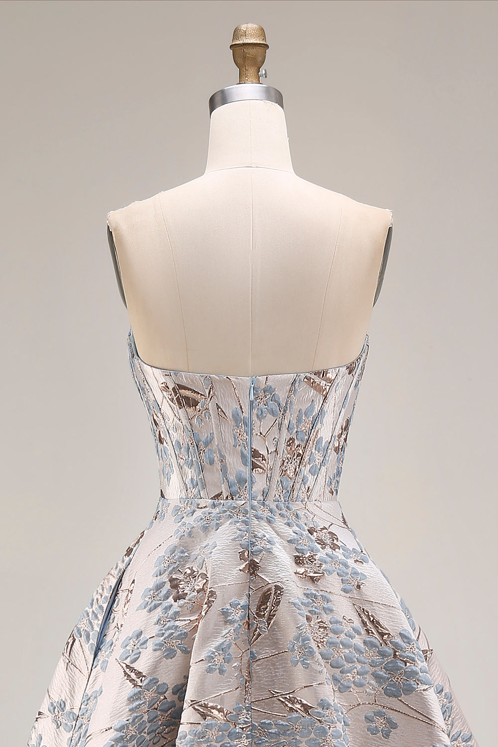 Silver Corset Floral A Line Strapless Jacquard Long Prom Dress with Slit