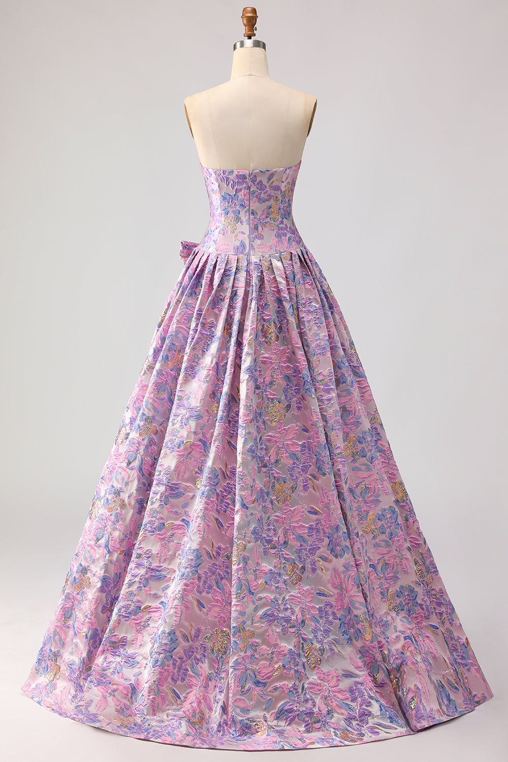 Floral Lilac Strapless Jacquard Long Prom Dress with Bow
