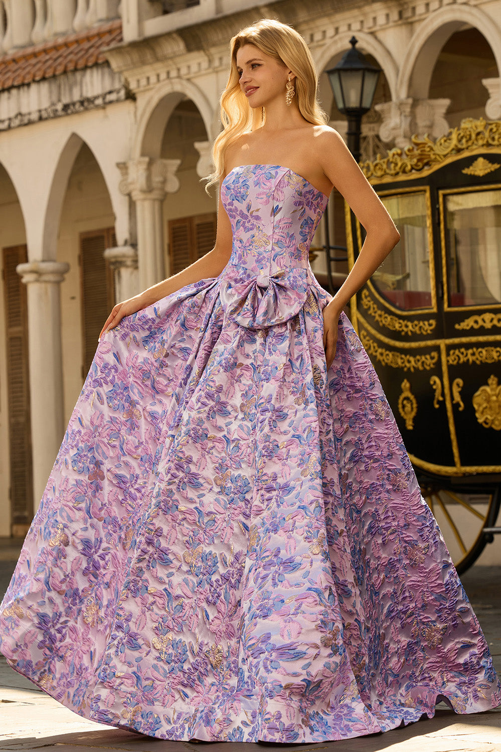 Floral Lilac Strapless Jacquard Long Prom Dress with Bow