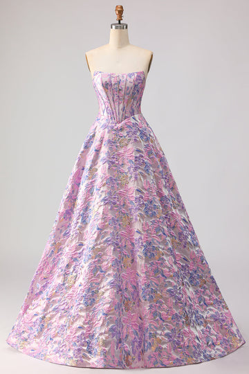 Floral Lilac A Line Jacquard Strapless Long Corset Prom Dress