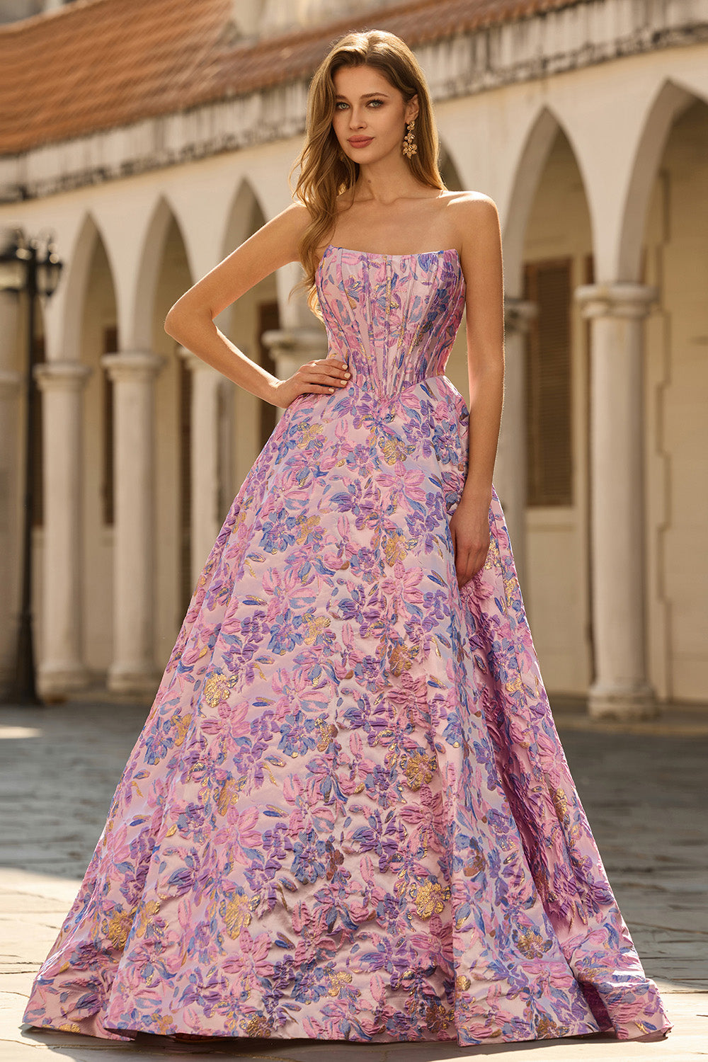 Floral Lilac A Line Jacquard Strapless Long Corset Prom Dress