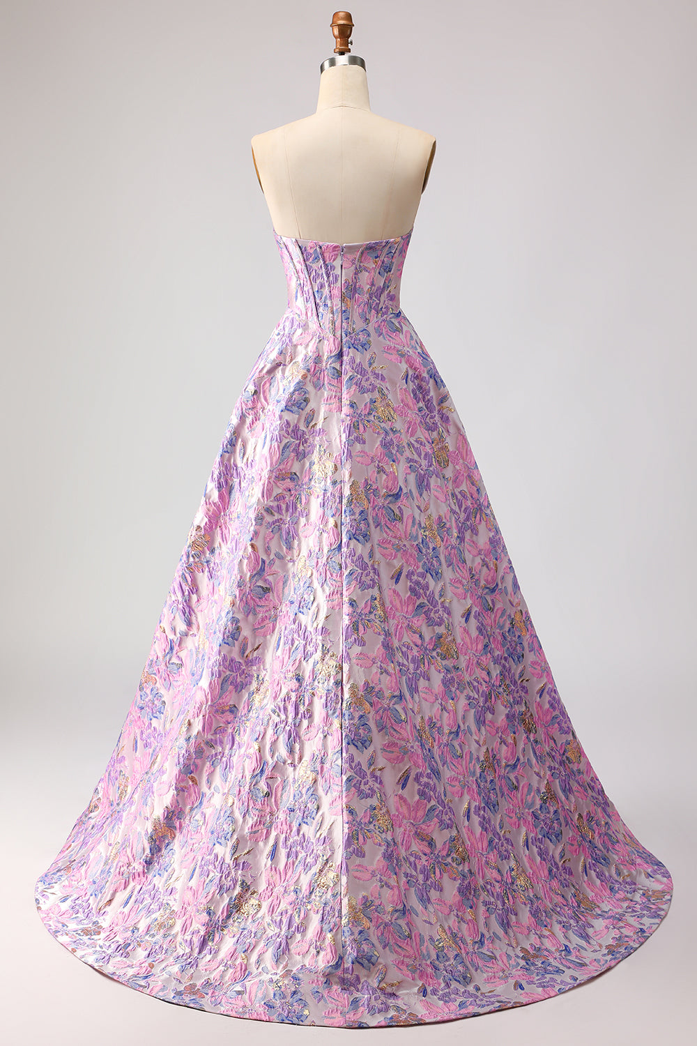 Floral Lilac A Line Jacquard Strapless Long Corset Prom Dress
