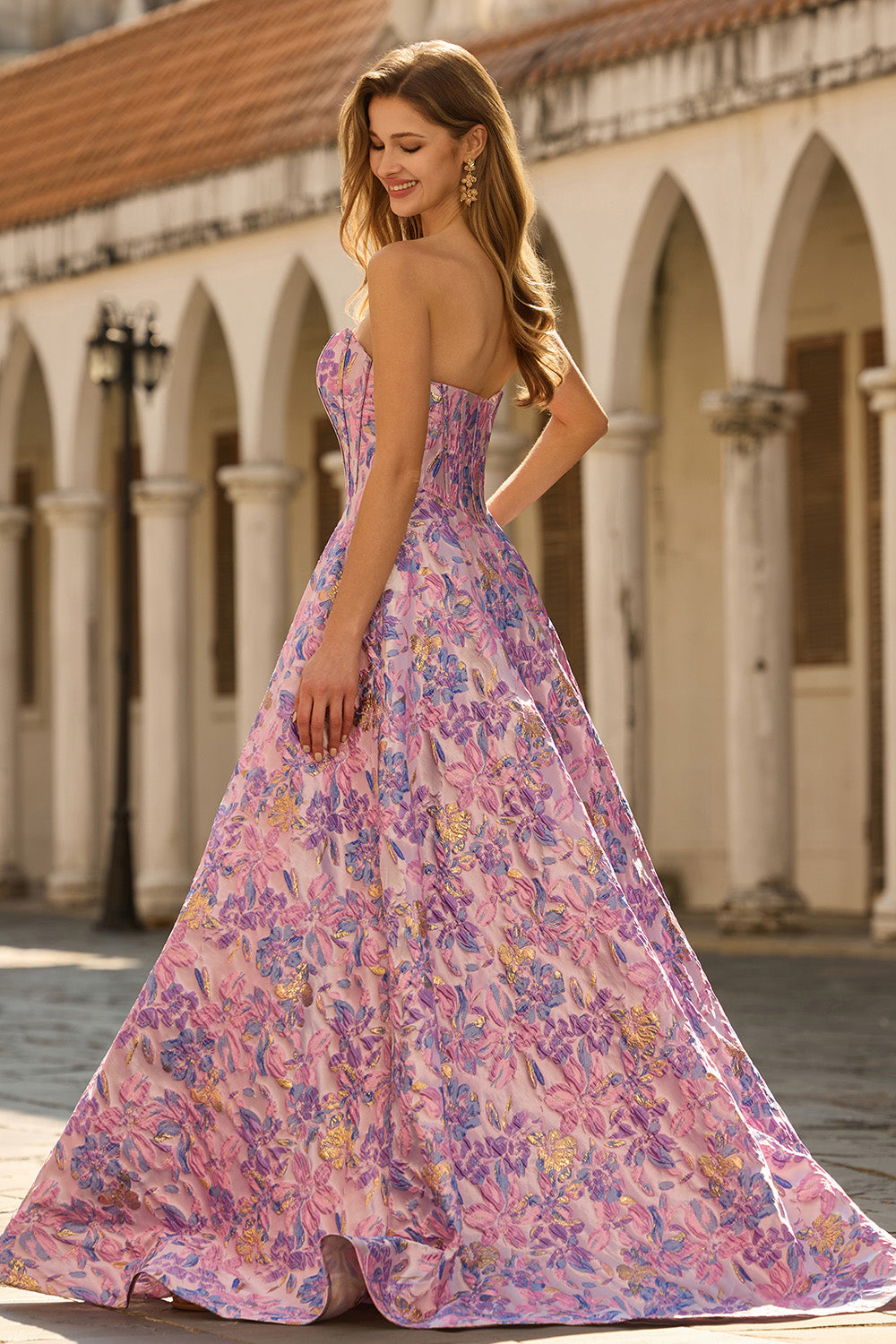 Floral Lilac A Line Jacquard Strapless Long Corset Prom Dress