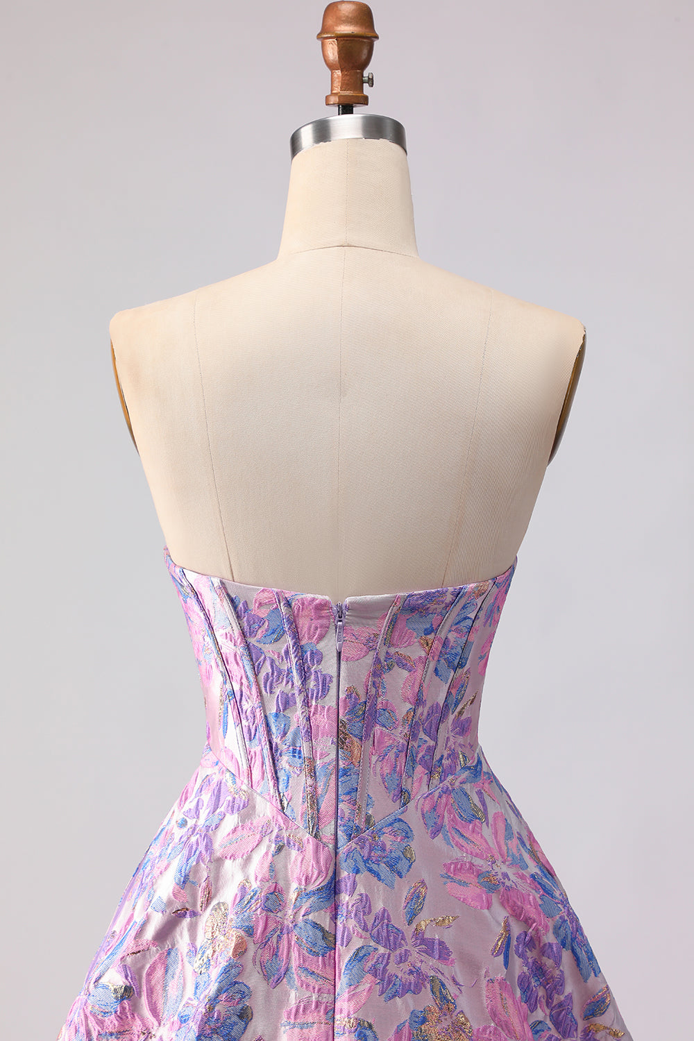 Floral Lilac A Line Jacquard Strapless Long Corset Prom Dress