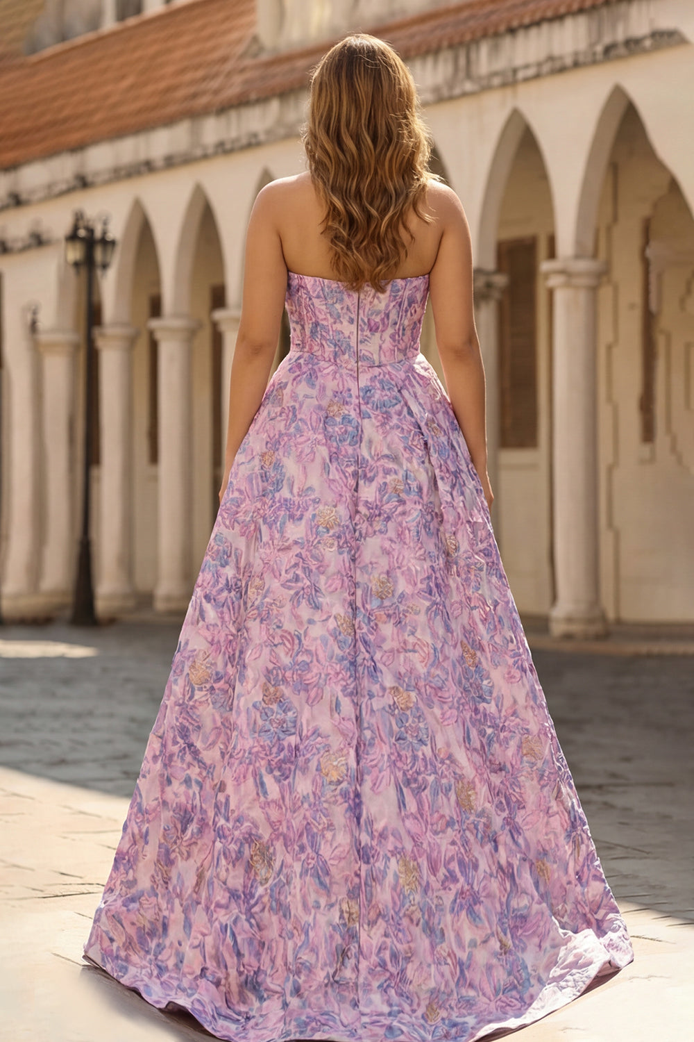 Floral Lilac A Line Jacquard Strapless Long Corset Prom Dress