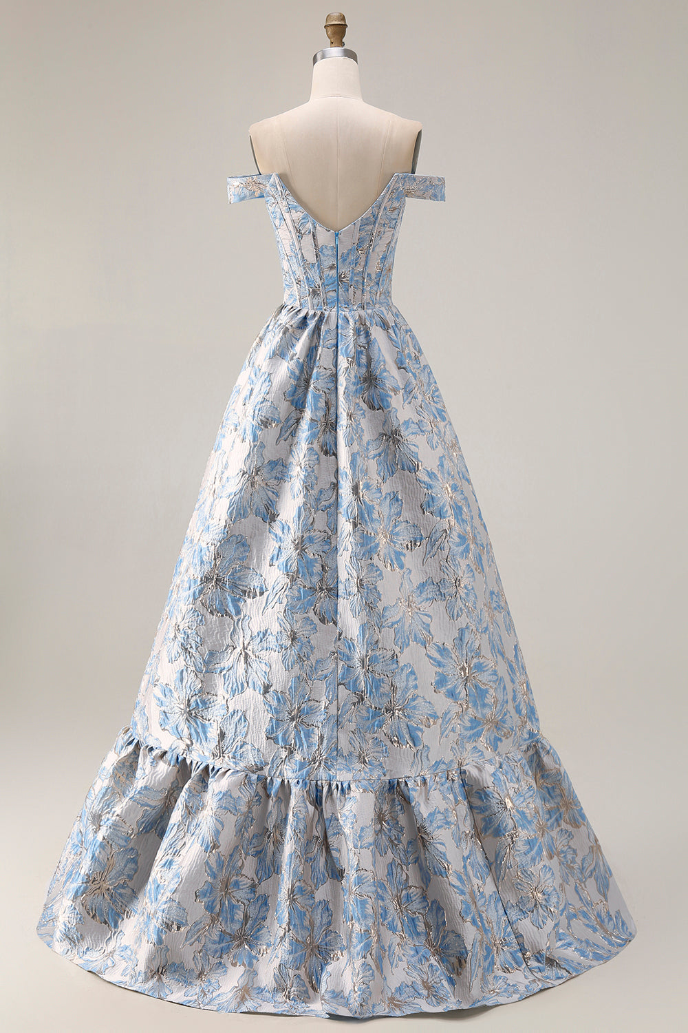 Floral Light Blue A Line Jacquard Off the Shoulder Long Corset Prom Dress