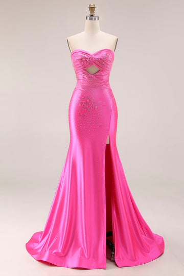 Sparkly Sweetheart Beaded Satin Hot Pink Keyhole Mermaid Long Prom Dresss with Slit