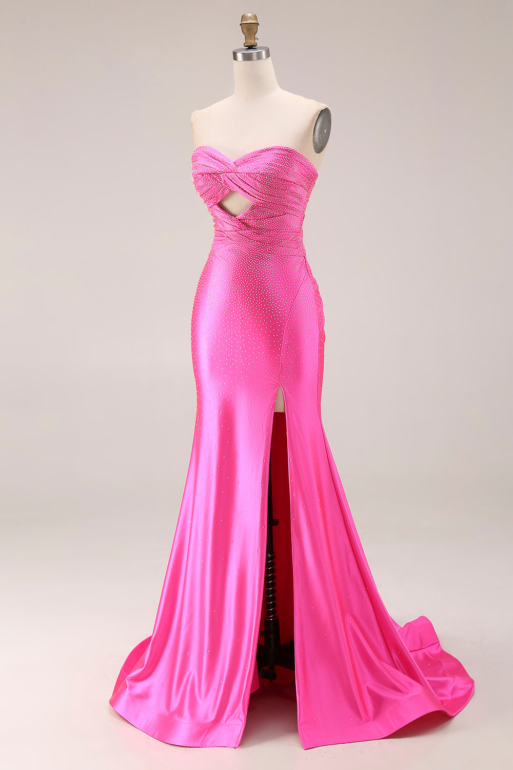 Sparkly Sweetheart Beaded Satin Hot Pink Keyhole Mermaid Long Prom Dresss with Slit