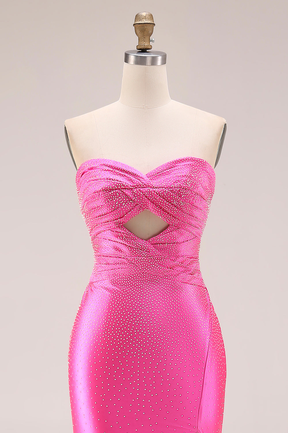 Sparkly Sweetheart Beaded Satin Hot Pink Keyhole Mermaid Long Prom Dresss with Slit