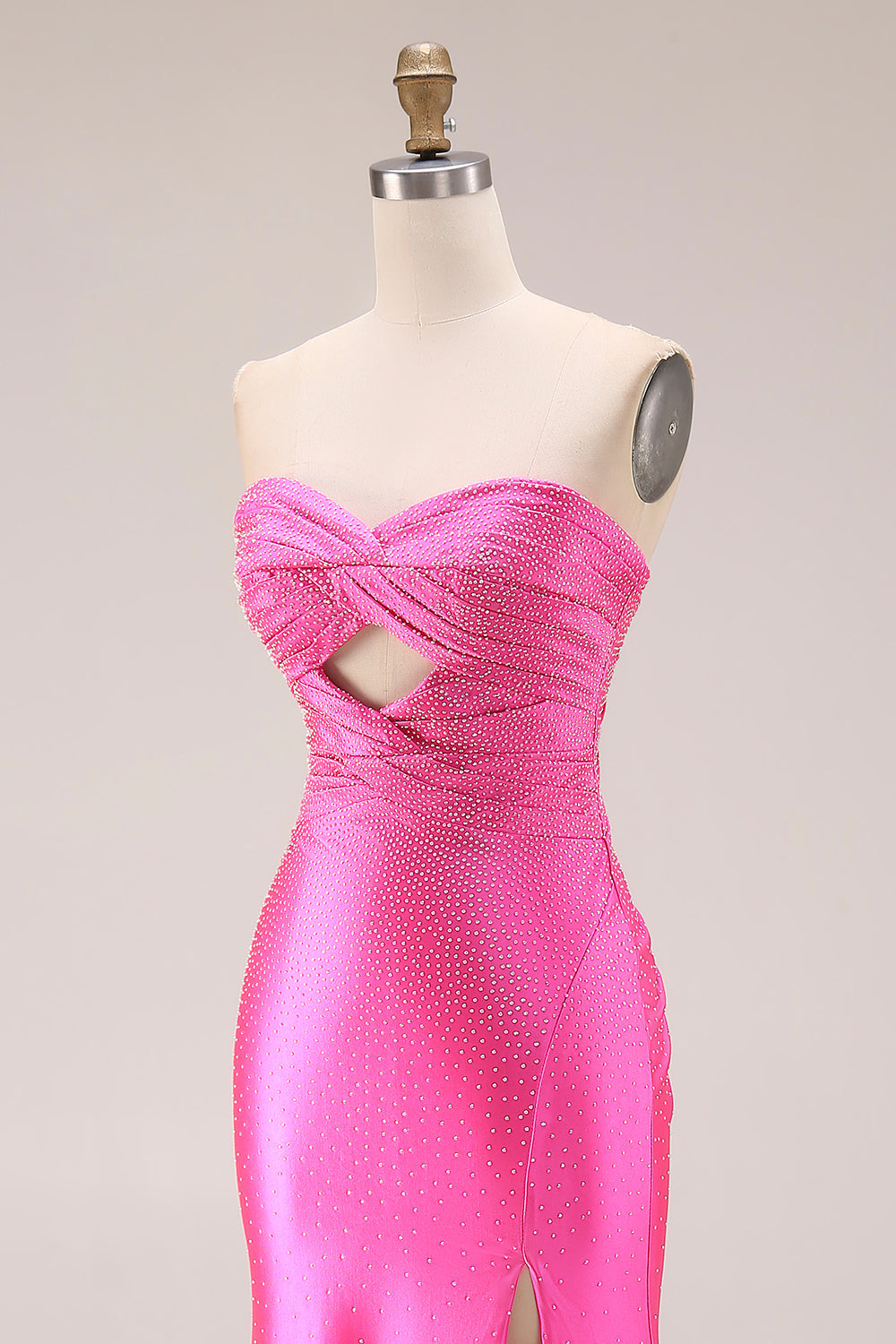 Sparkly Sweetheart Beaded Satin Hot Pink Keyhole Mermaid Long Prom Dresss with Slit