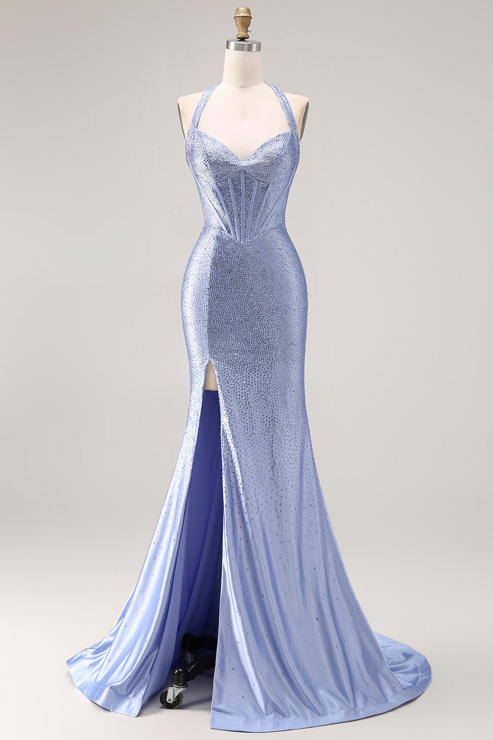 Sparkly Light Blue Beaded Mermaid Long Corset Prom Dress with Slit