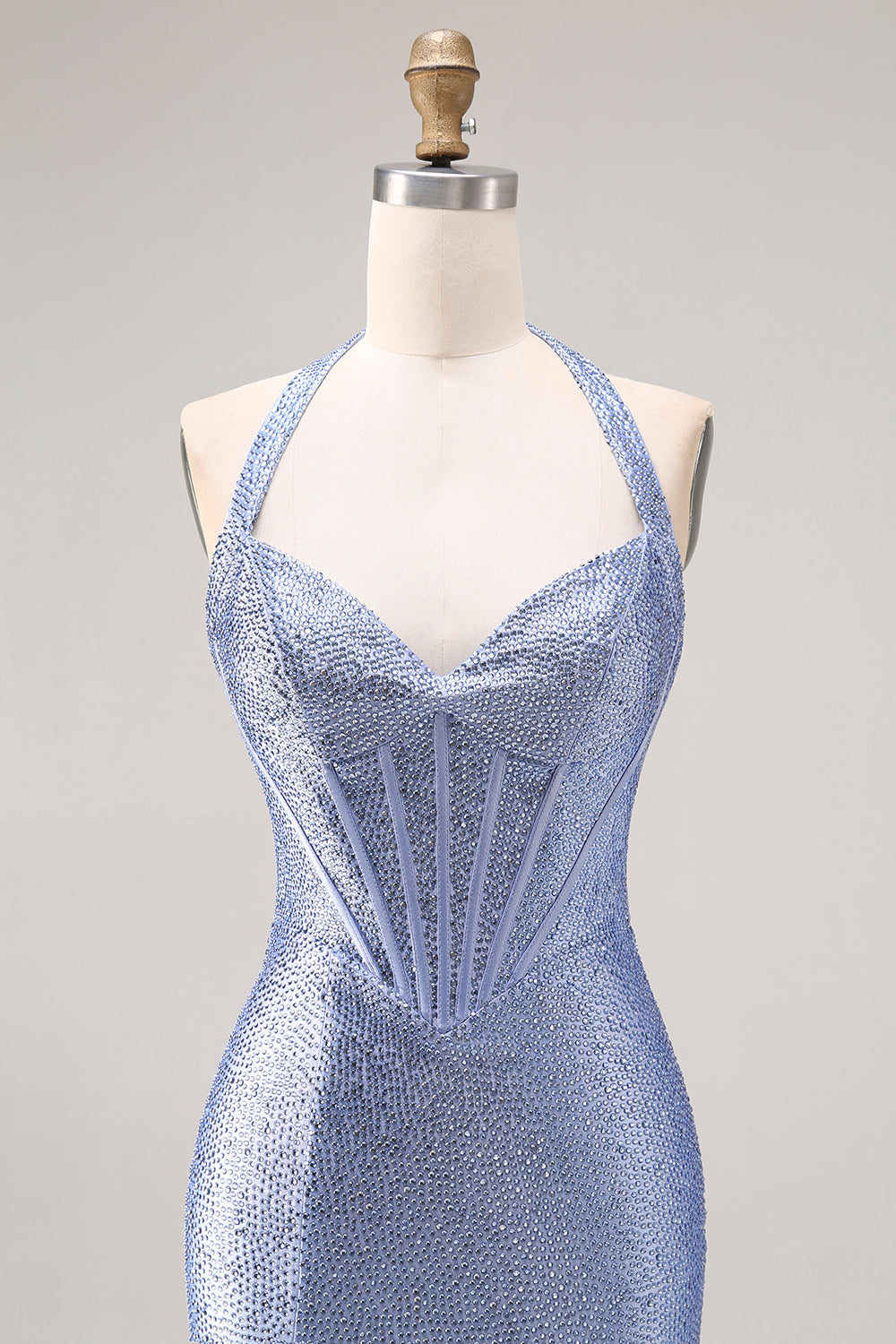 Sparkly Light Blue Beaded Mermaid Long Corset Prom Dress with Slit