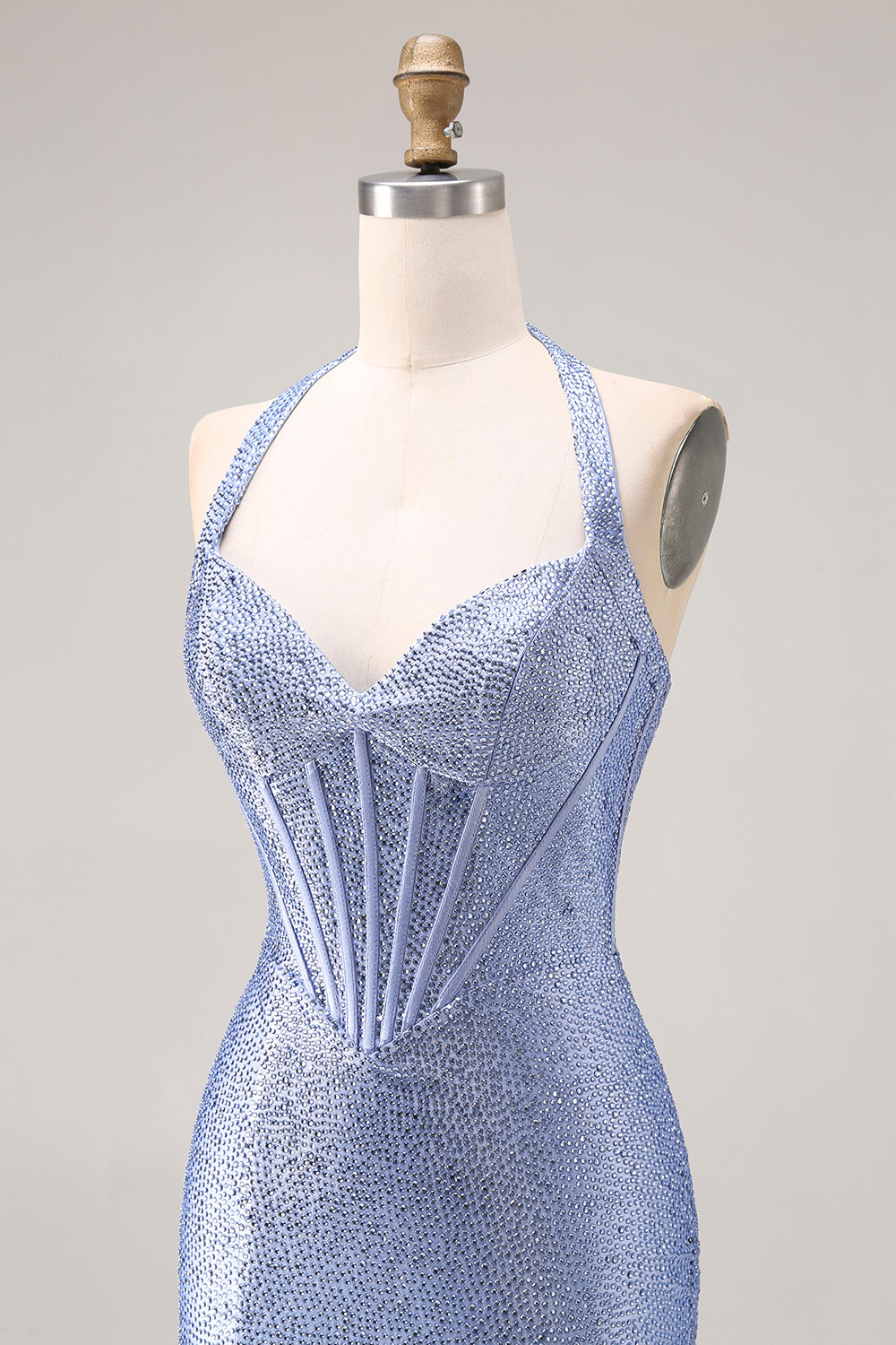Sparkly Light Blue Beaded Mermaid Long Corset Prom Dress with Slit