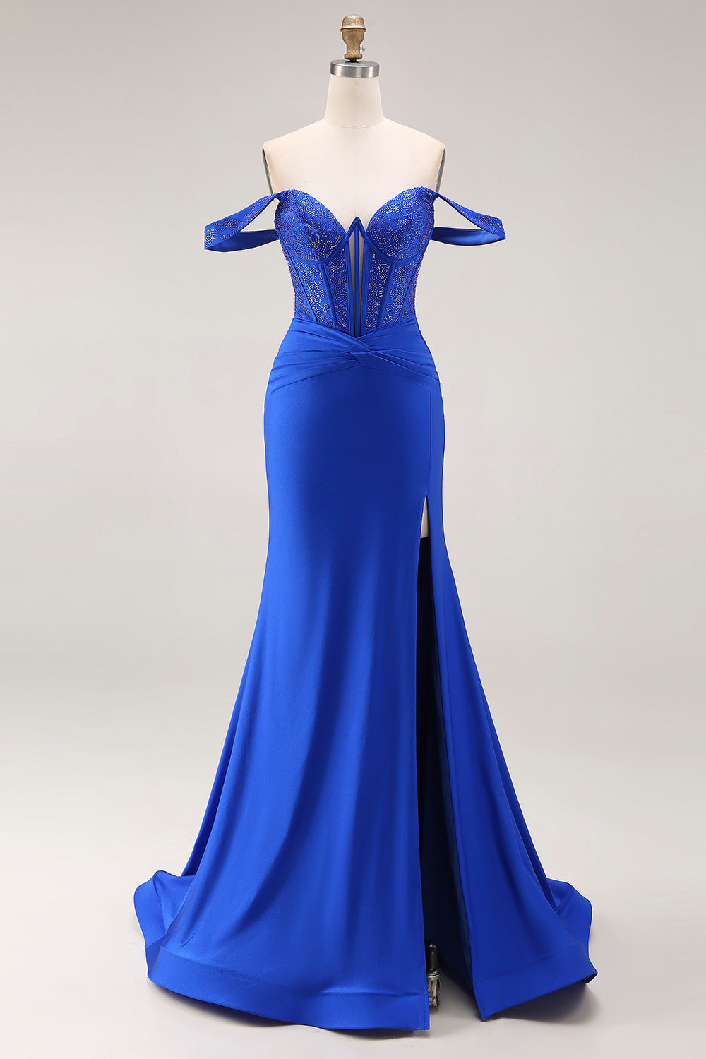 Off the Shoulder Sparkly Royal Blue Satin Corset Beaded Long Prom Dress with Slit