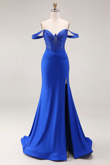 Off the Shoulder Sparkly Royal Blue Satin Corset Beaded Long Prom Dress with Slit